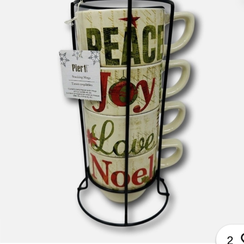 Pier 1 Festive Stacking Mugs with Stand NEW